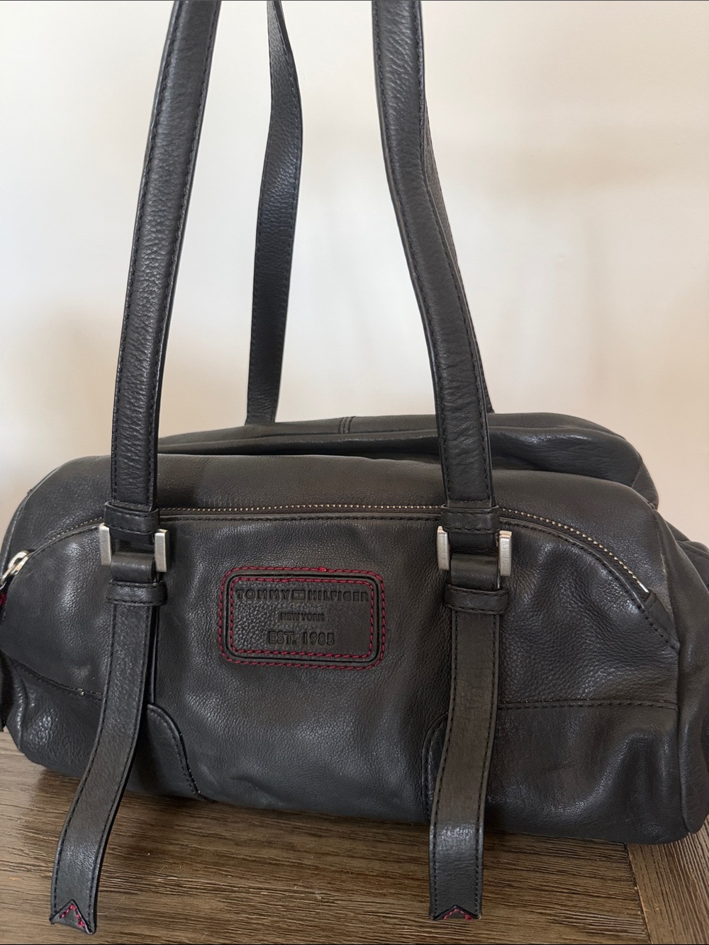 Tommy Hilfiger Black Leather Satchel with Red Stitching
